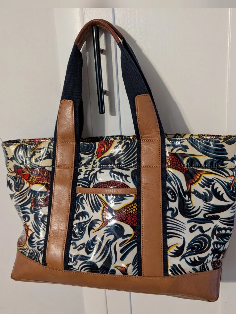 Tory Burch Canvas Tote with Tan Leather Trim and Gold Logo